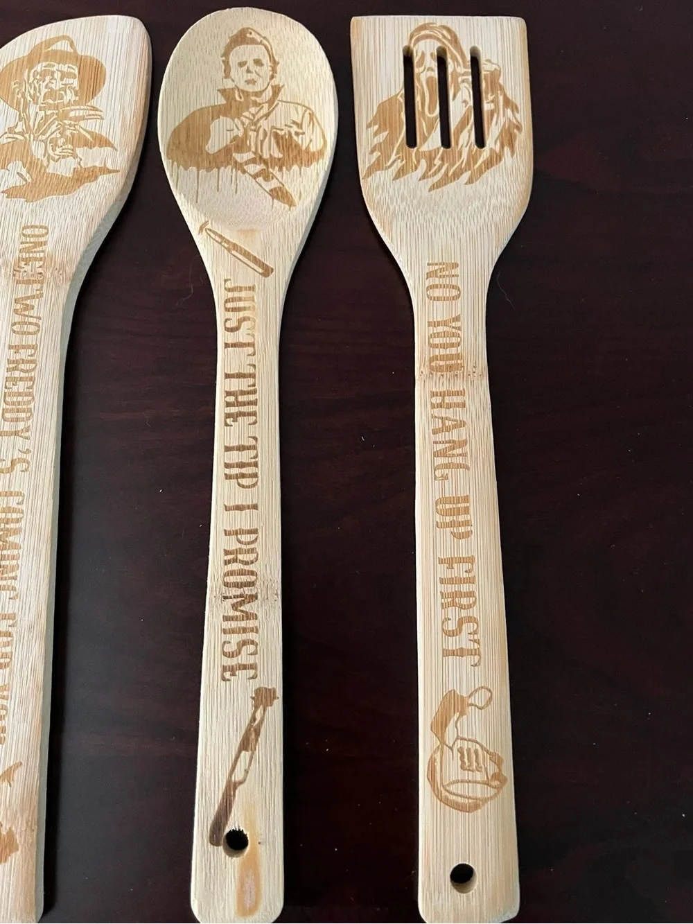Engraved Bamboo Kitchen Utensil Set - Natural Wood with Halloween characters